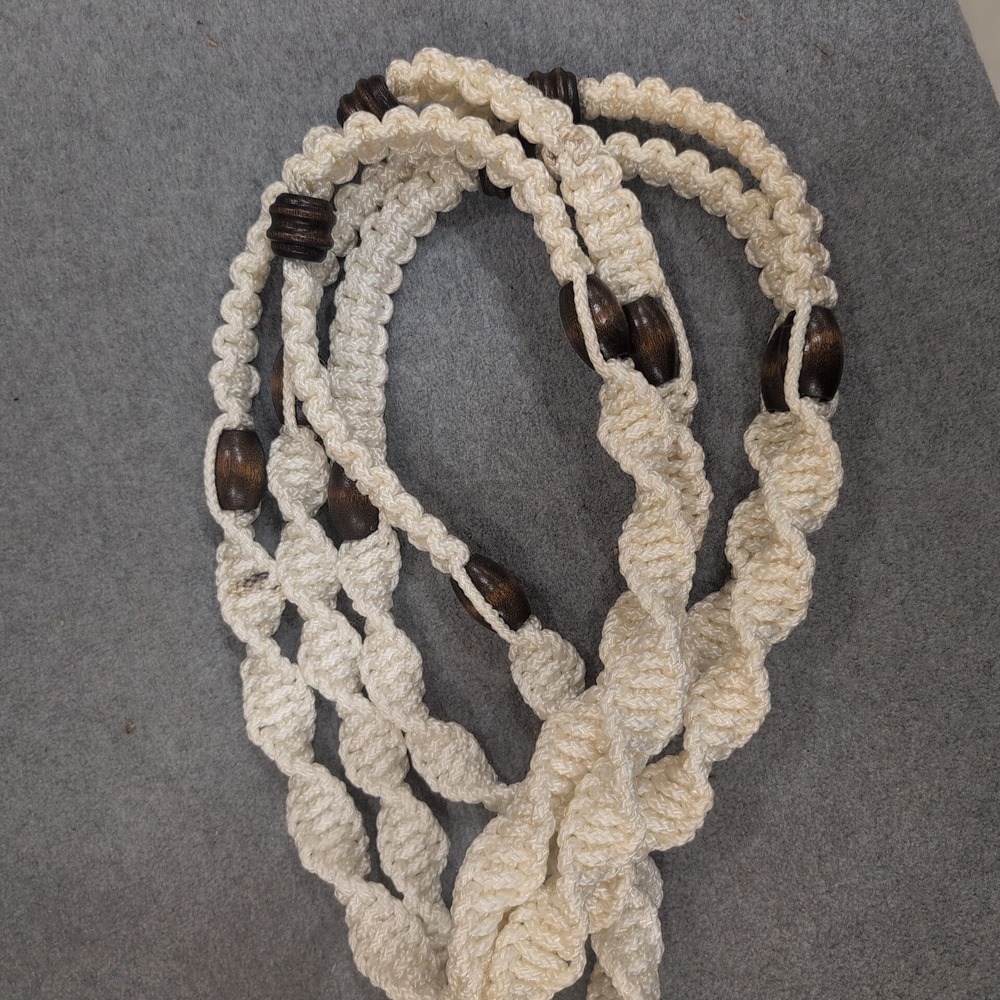 Vintage Macrame Large Plant Hanger Off White Braided Cord Wood Beads Boho 66" - Picture 5 of 5